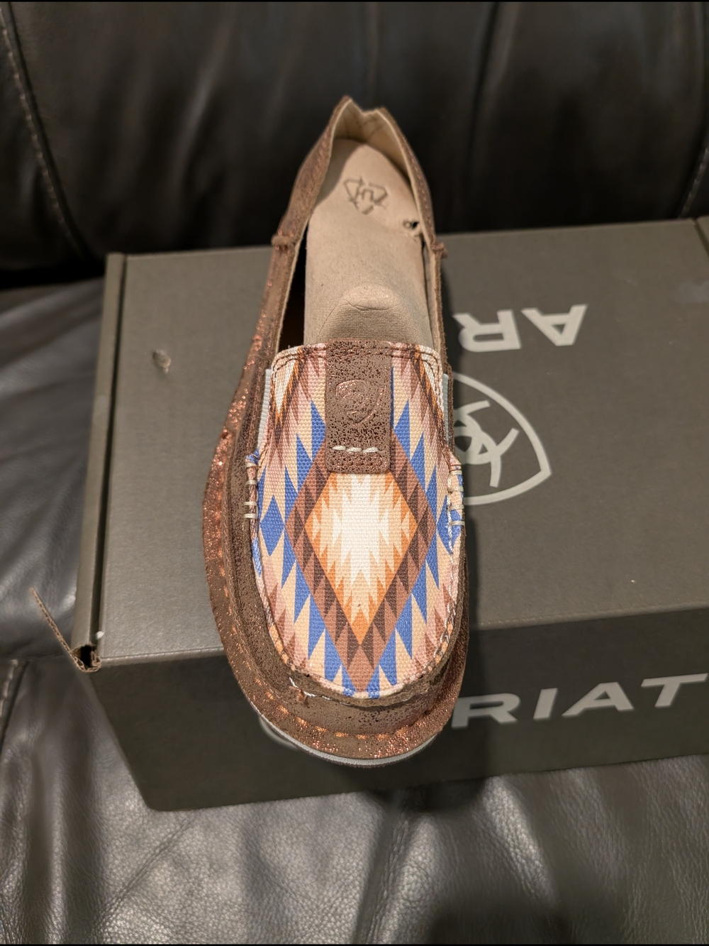 Ariat Women’s  Cruise Brown Slip-On Moccasin with Blue & Tan Aztec Pattern